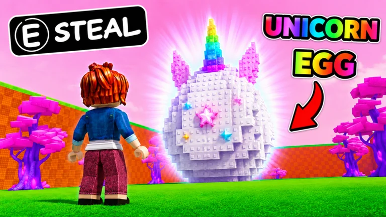 A Roblox character approaches a glowing unicorn egg in a bright fantasy area.